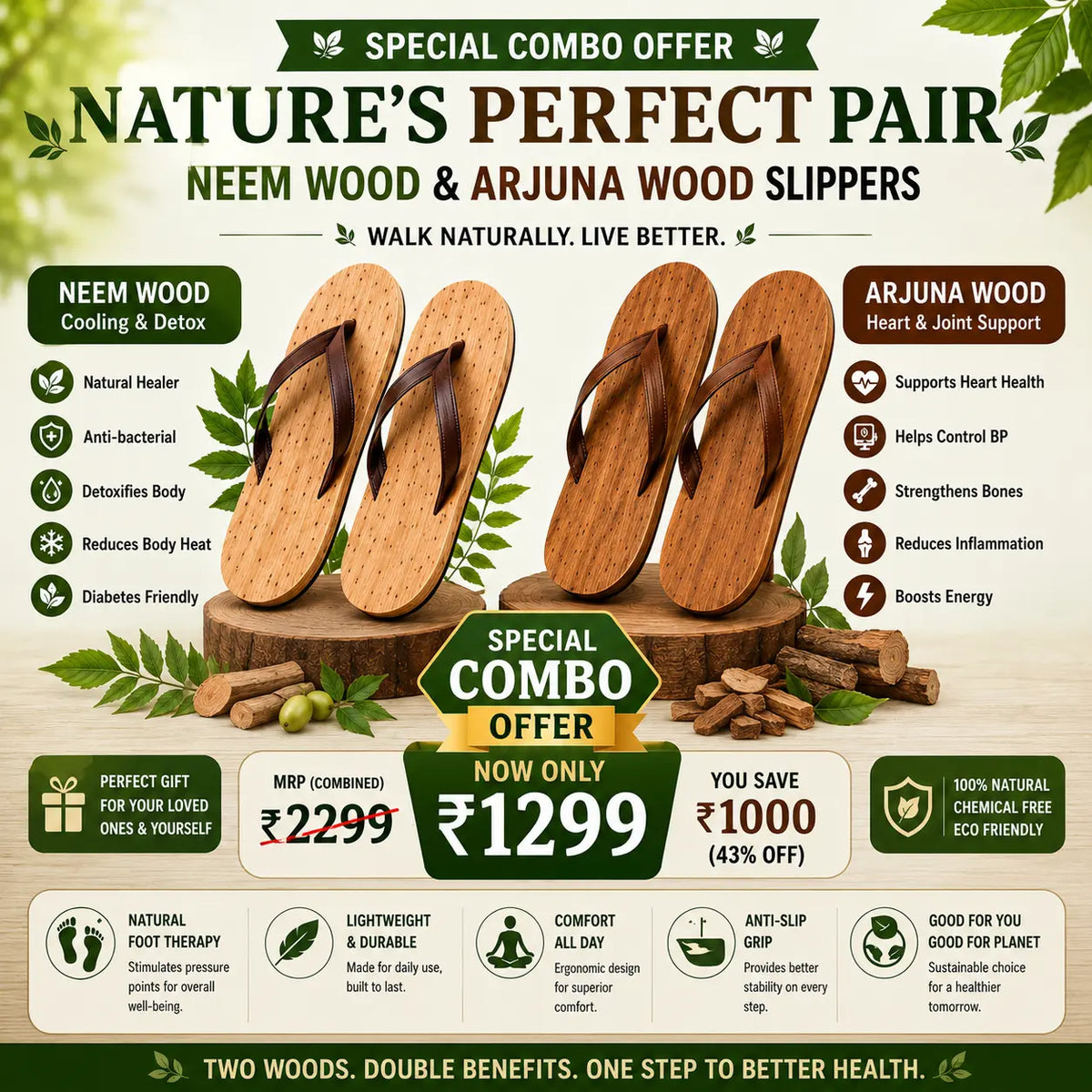 Natural Ayurvedic Slippers for Men & Women | Neem Jamun & Arjuna Wood | Natural Relief for Diabetes, BP & Join Pain