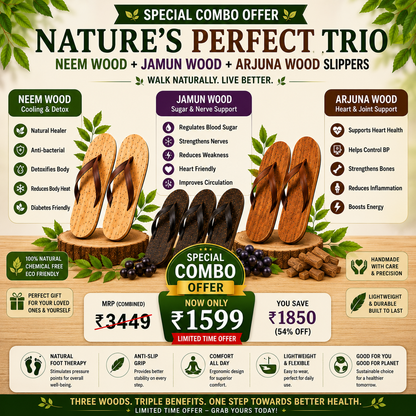 Natural Ayurvedic Slippers for Men & Women | Neem Jamun & Arjuna Wood | Natural Relief for Diabetes, BP & Join Pain