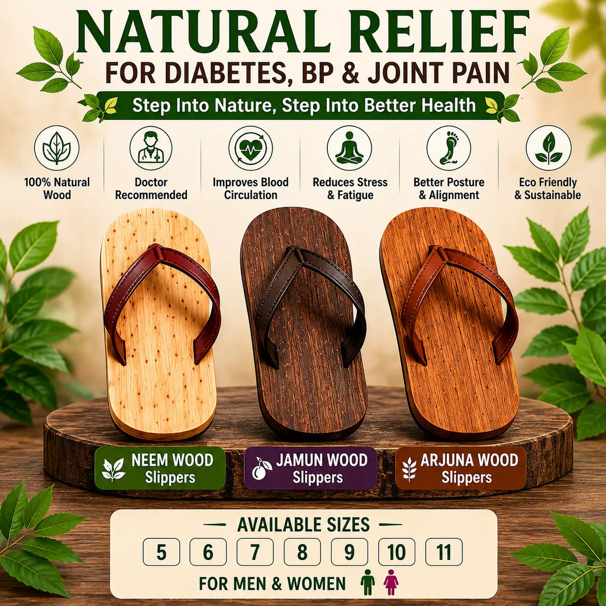 Natural Ayurvedic Slippers for Men & Women | Neem Jamun & Arjuna Wood | Natural Relief for Diabetes, BP & Join Pain