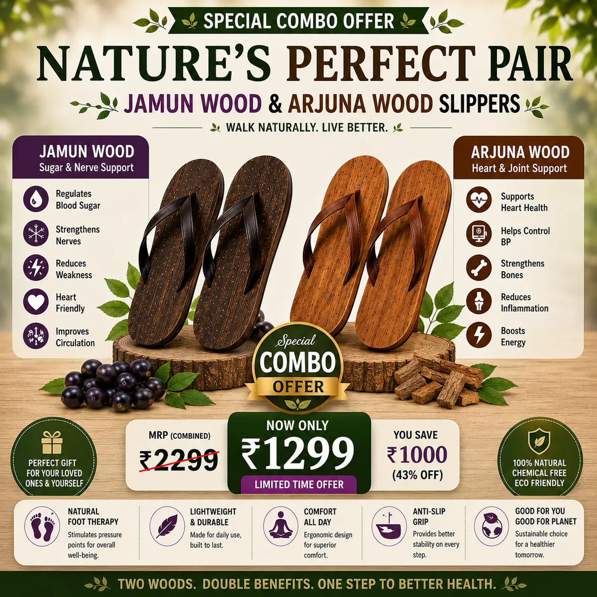 Natural Ayurvedic Slippers for Men & Women | Neem Jamun & Arjuna Wood | Natural Relief for Diabetes, BP & Join Pain