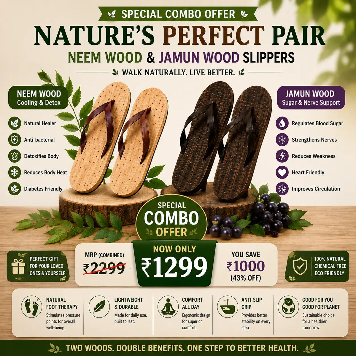 Natural Ayurvedic Slippers for Men & Women | Neem Jamun & Arjuna Wood | Natural Relief for Diabetes, BP & Join Pain