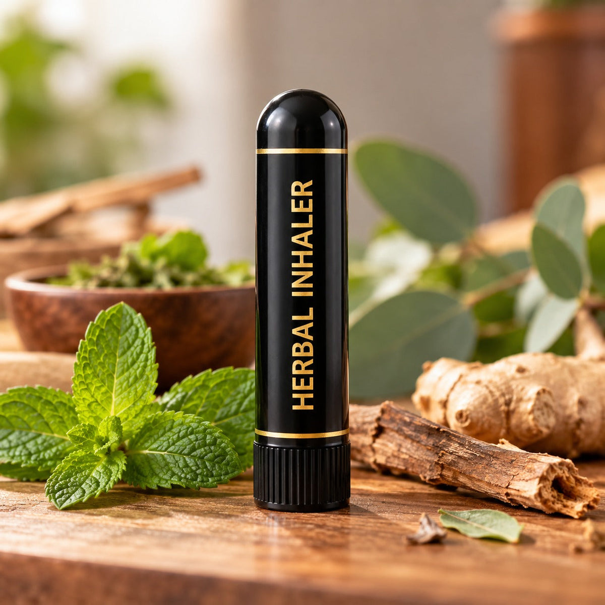Sugar Balance Inhaler stick on a wooden table with mint, tulsi, cinnamon bark and ginger