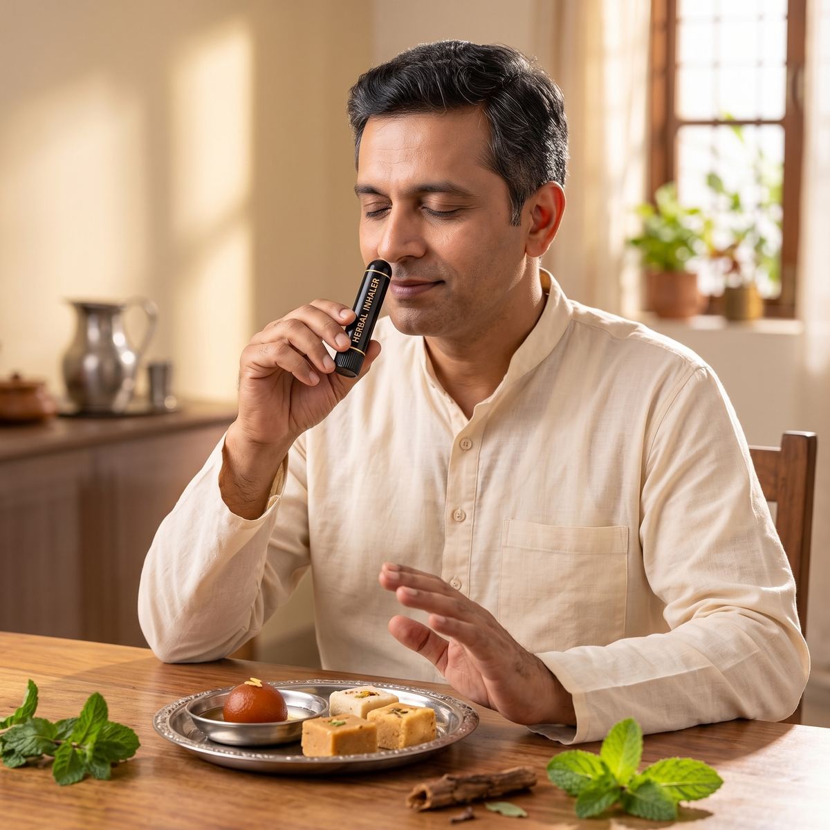 Man taking a slow breath from the Sugar Balance Inhaler and pushing away a plate of mithai